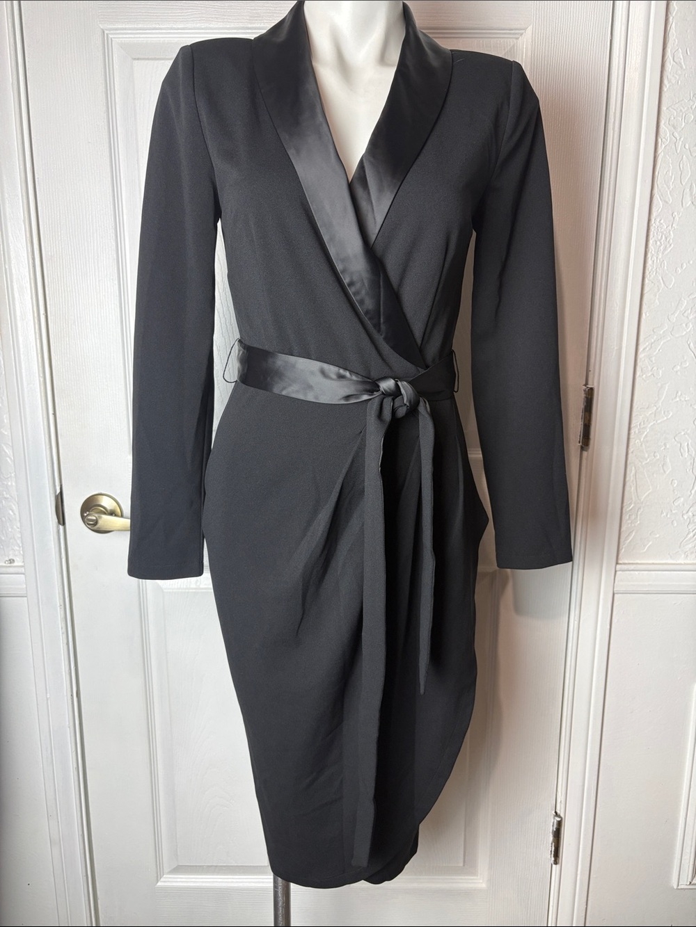 Black Long-Sleeve Wrap Dress with Satin Trim